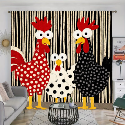 2PCS Fun Polka Dot Rooster Farmhouse Style Light Filtering Curtains with Vertical Stripe Background, Whimsical Animal Pattern, Easy Hang Rod Pocket Design, All-Season for Home Living Room Bedroom Dormitory Decoration
