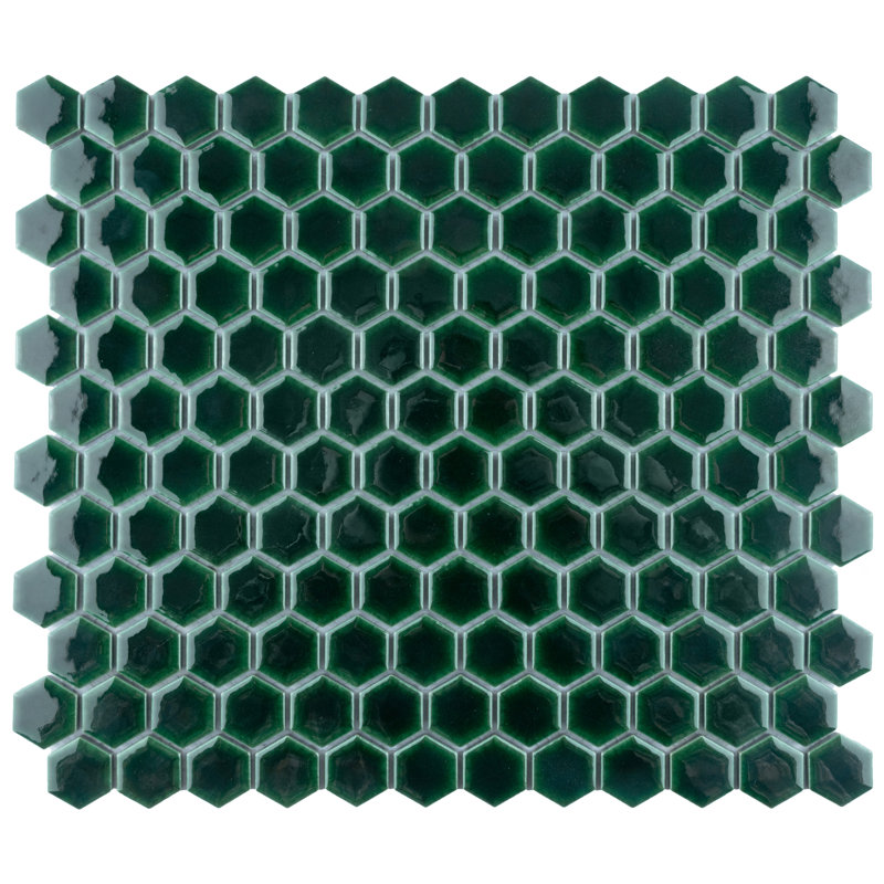 Metro 0.91" x 1.02" Porcelain Honeycomb Mosaic Wall Tile, Emerald