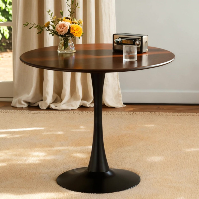 Table de salle à manger moderne 23,6 po avec plateau en panneau de fibres à densité moyenne et base en acier, Noyer, Noir