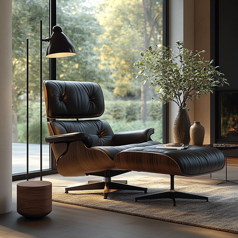 Swivel Lounge Chair With Ottoman, Black/Brown Wood
