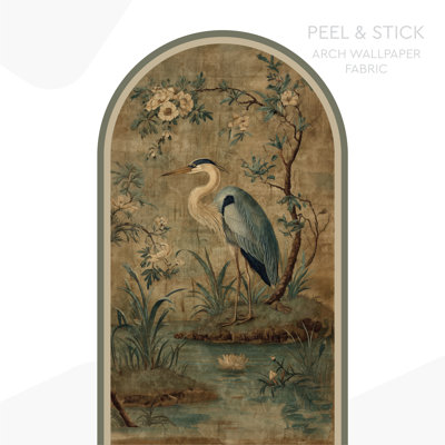Vintage Blue Heron Arch Wall Decal – Peel & Stick Removable Wallpaper Mural with Botanical Scene on Aged Background
