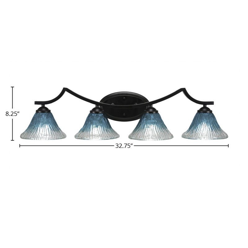 Barre d'éclairage de salle de bain 4 lumières Zilo au fini noir mat avec verre cristal sarcelle de 7 po, Noir mat