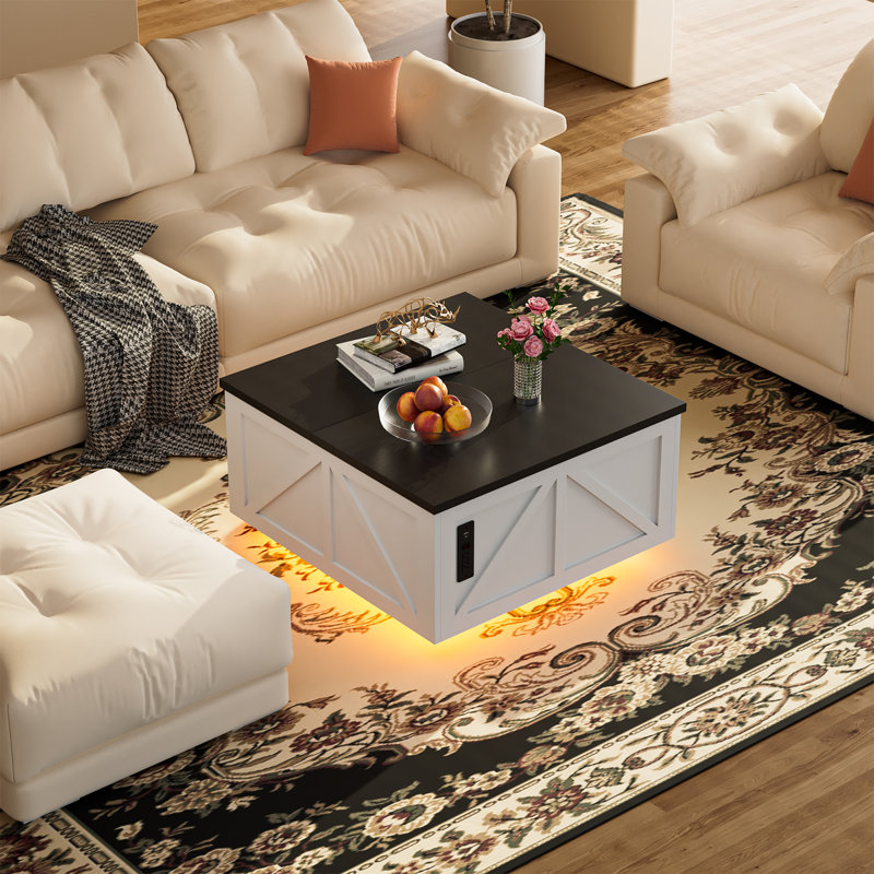 Wrought Studio™ 36 Lift Top Coffee Table With Storage, Square Coffee Table For Living Room With Led Light & Power Outlets, Farmhouse Coffee Table With Large Hidden Storage Compartment