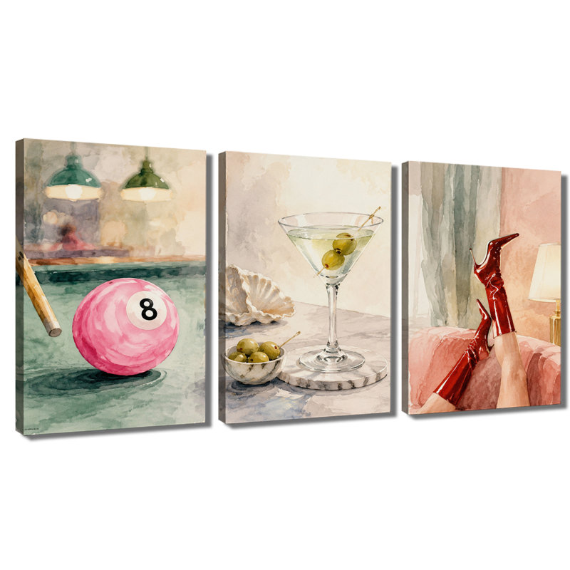 Tableau en trois panneaux, aquarelle rose, Martini 8-Ball, talons hauts, impression sur toile, décoration murale tendance pour filles