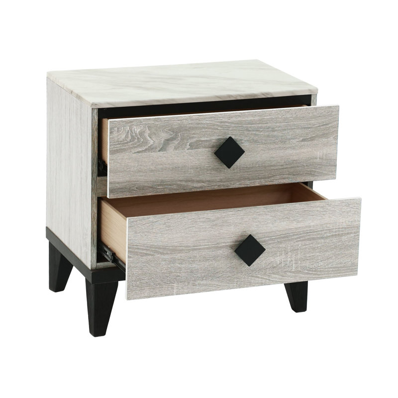 Table de chevet en chêne crème avec plateau en faux marbre rustique