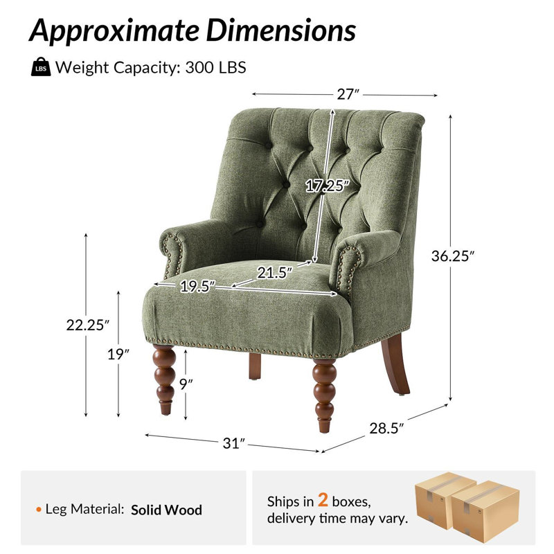 Plath 31"W Transitional Floral Rolled Arm Chair with Nailhead Trim, Moss