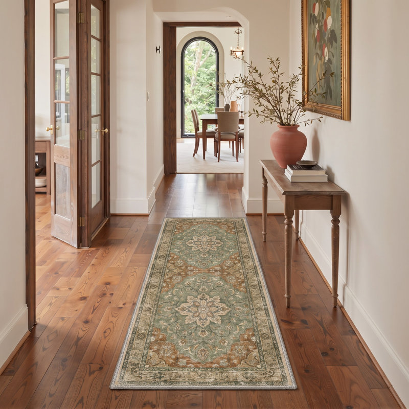 Tapis de couloir traditionnel oriental vert/brun, performant, à poils courts, lavable et antidérapant, Runner 2'6" x 10'
