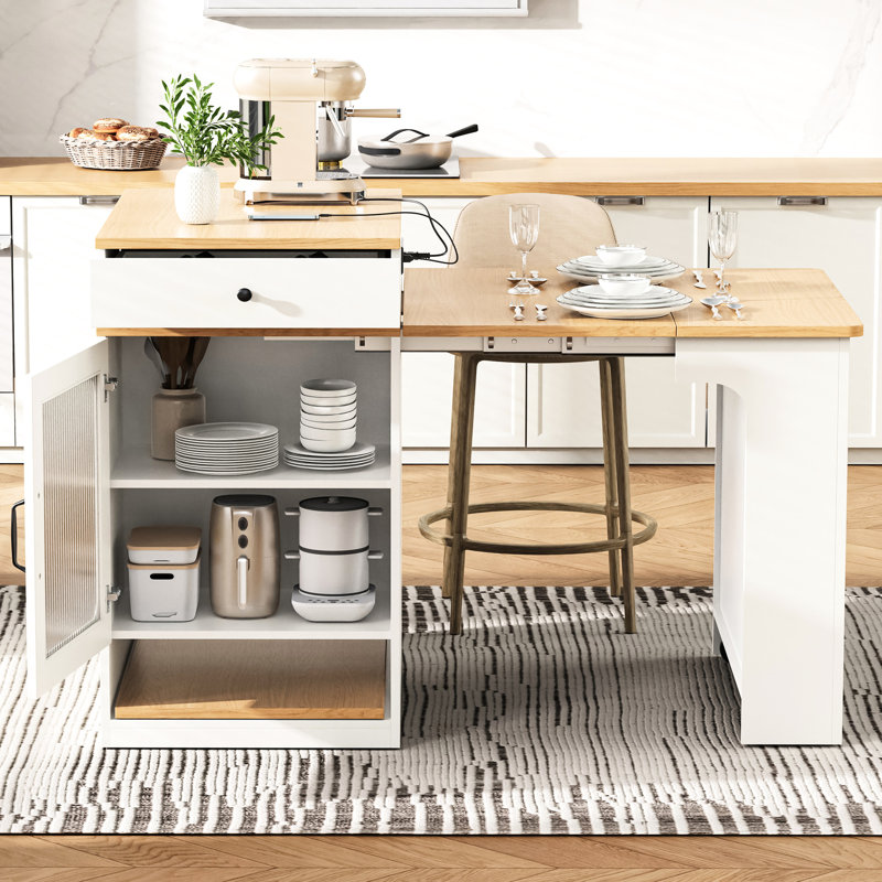 Îlot de cuisine extensible, armoire double face de 59,5 po de long, 2 tiroirs, prise de courant, compartiment de rangement latéral, blanc, extension 10,2 26 41,8 po, tablettes réglables, mécanisme de verrouillage en métal, mobile