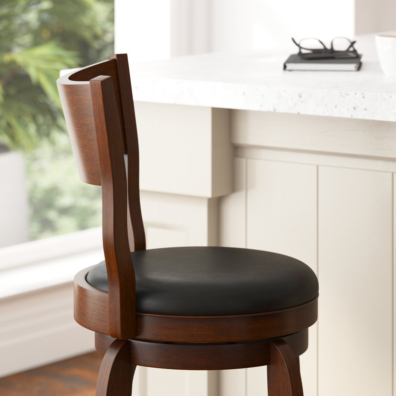 Enola Antique Oak Swivel Bar Stool with Black Faux Leather Seat