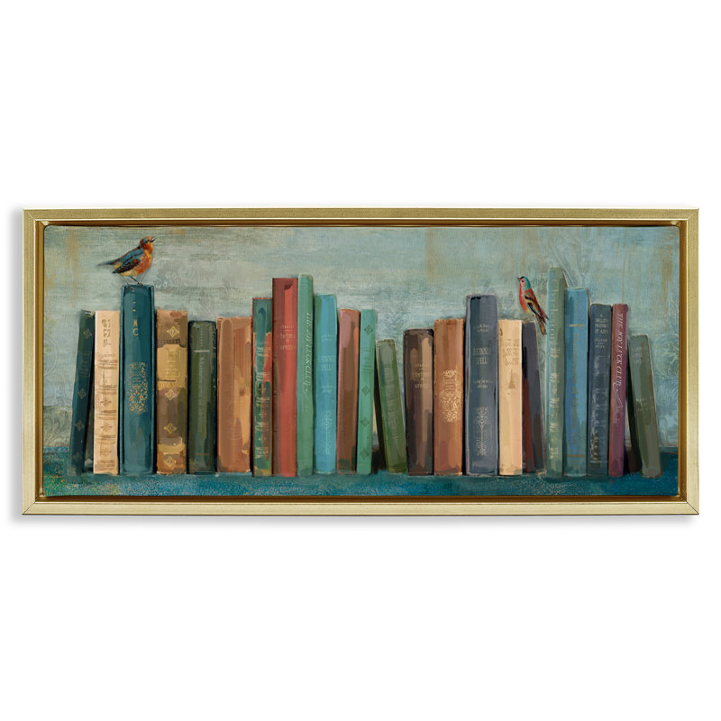 "Livres et oiseaux", peinture sur toile encadrée par Main Line Studio, Cadre flottant métallique doré, H 14 po x l 31 po