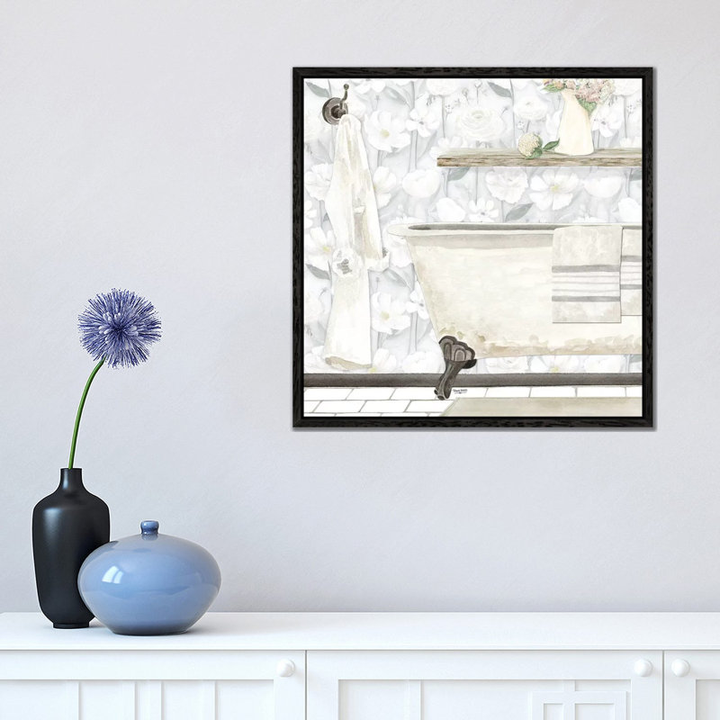 White Floral Bath II by Tara Reed - Print on Canvas, 45.72 cm H x 45.72 cm W, Black Framed