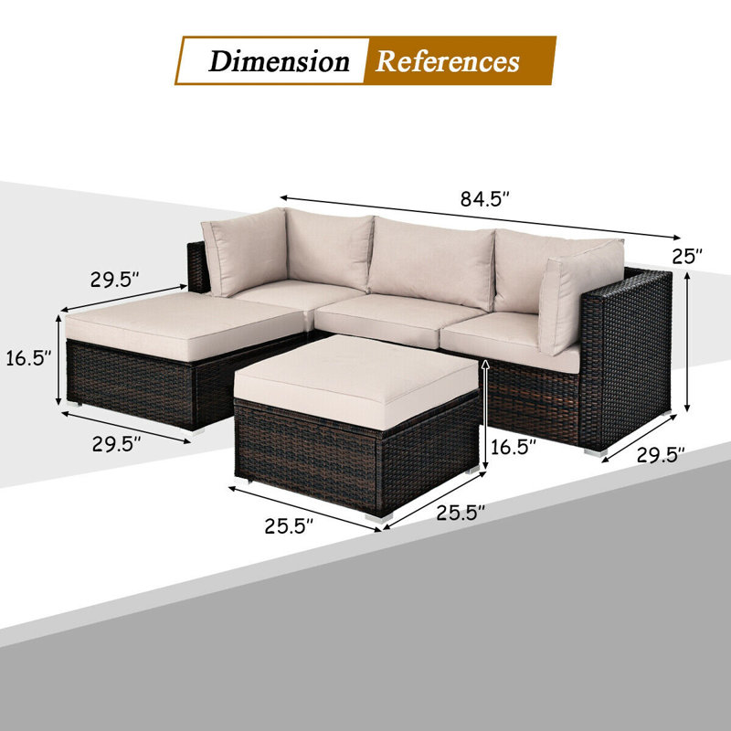 Ensemble de conversation modulaire en rotin pour l'extérieur avec coussins 5 pièces Averyon, Beige