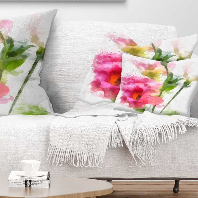 Coussin décoratif imprimé à la main fleur d'aquarelle rose, Rectangle, 12 po x 20 po