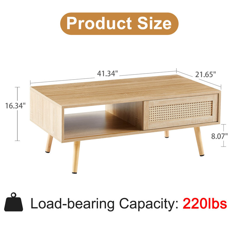 Natural Wood Mid Century Modern Coffee Table with Rattan Storage