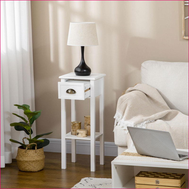 Table basse blanche à 2 niveaux et peu encombrante Tiroir pour salon / chambre à coucher, rangement supplémentaire