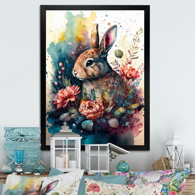 «Cute Rabbit Floral Art I», reproduction d'art sur toile, L 24 po x H 32 po, Impression noire sur toile encadrée