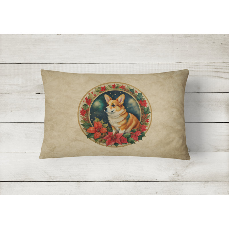 Christmas Flowers Frame Other/No Pattern Polyester Indoor/Outdoor Throw Pillow, 12" x 16", Rectangular, Corgi