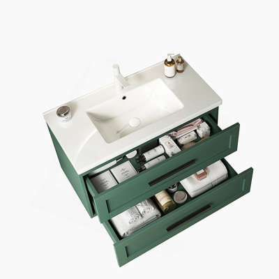 Meuble-lavabo 36 po avec lavabo, meuble-lavabo mural moderne avec 2 tiroirs (sans armoire latérale), lavabo en céramique blanc sans robinet, vert