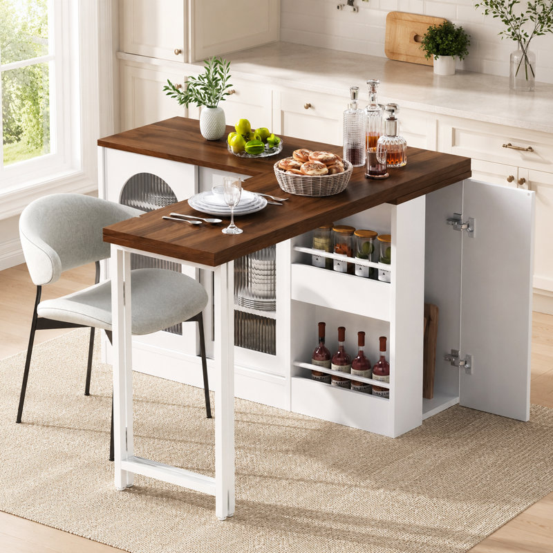 Buffet rotatif à 360 ° avec armoire de rangement en verre Horizon, H 30,2 po x l 47,8 po x P 15,2 po, Brown / White