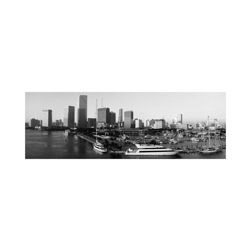 Miami Panoramic Skyline Cityscape (Black & White - Sunrise) - Wrapped Canvas Panoramic Print
