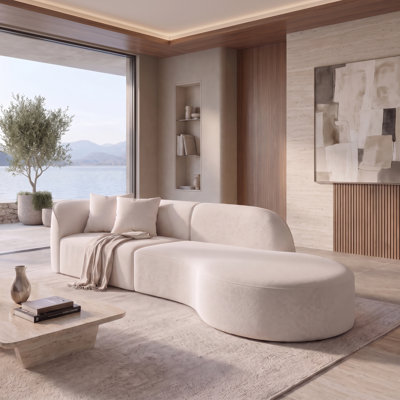 Contemporary Curved Sofa, Modern Luxury Living Room Sofa with Plush Fabric Upholstery and Solid Wood Frame, Off White Sofa