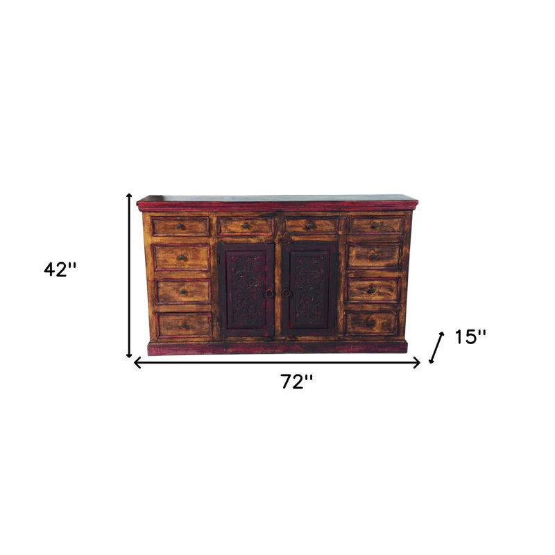 Table buffet à deux tiroirs 72 po en bois massif brun avec deux portes 72 po