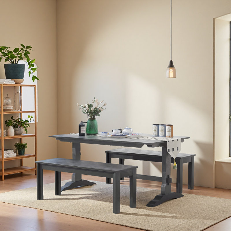 Ensemble de salle à manger 3 pièces, table à tréteaux rectangulaire et 2 bancs pour 4 personnes, Gris