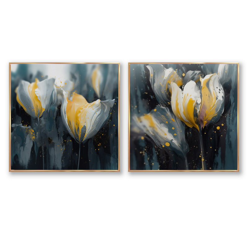 Pétales gris de sérénité tulipe, Cadre flottant doré, H 30 po x l 61 po