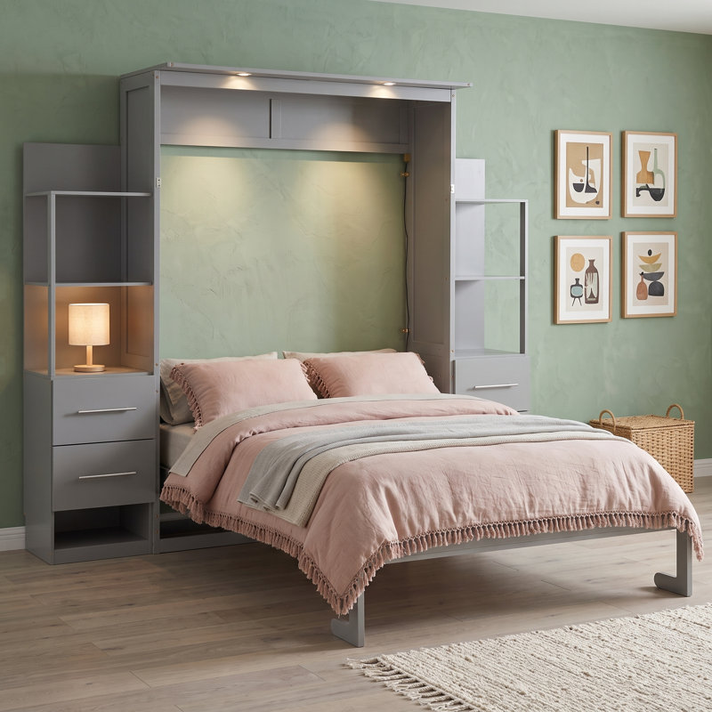 Lit escamotable en bois multi-fonctions, Gris, Double
