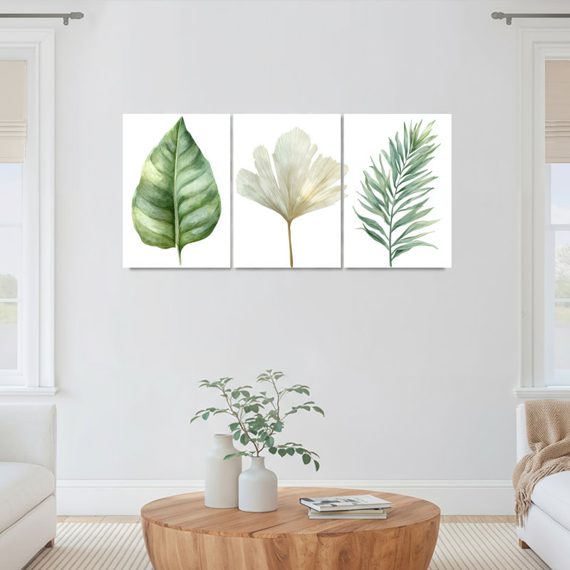 Feuille tropicale botanique aquarelle sur toile tendue, ensemble de 3 décorations pour salon, chambre à coucher ou bureau