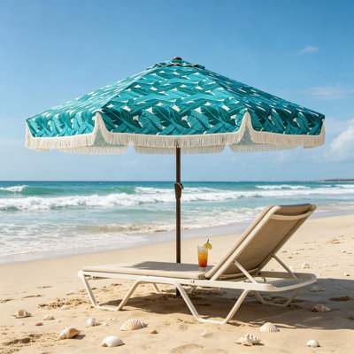 10FT Fringe Patio Umbrella with Crank Handle for Patio Beach Pool Backyard