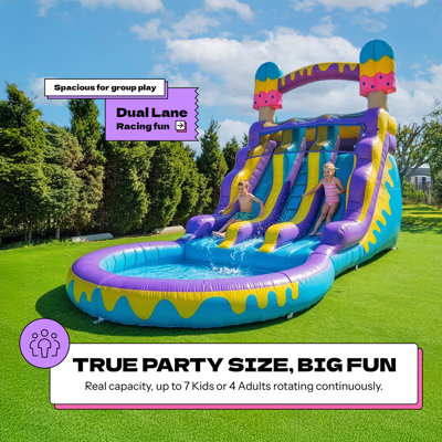 POP JUMP 16 Ft Ice Pop Dual Lane Inflatable Water Slide with Pool, 24 Ft Long Wet/Dry Backyard Slide with Air Blower
