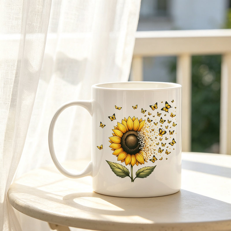 1pc Funny Sunflower & Butterflies Double-Sided Printed Coffee Mug - Insulated Reusable Drinkware for Hot & Cold Beverages.