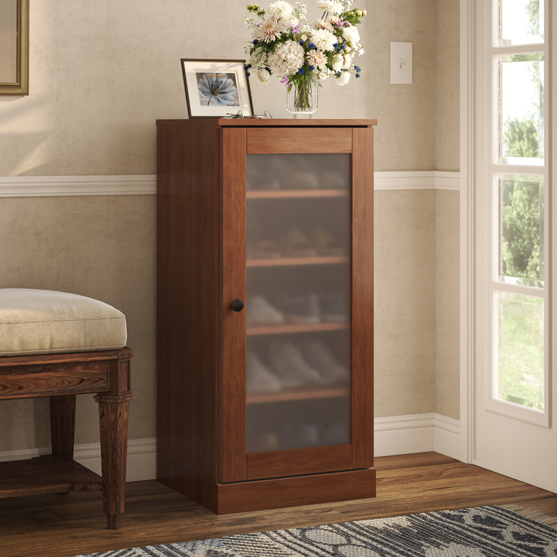 Armoire de rangement 100% en bois massif avec porte étroite en verre dépoli avec tablettes réglables, rangement empilable peu encombrant, l 16,5 po x H 35,75 po