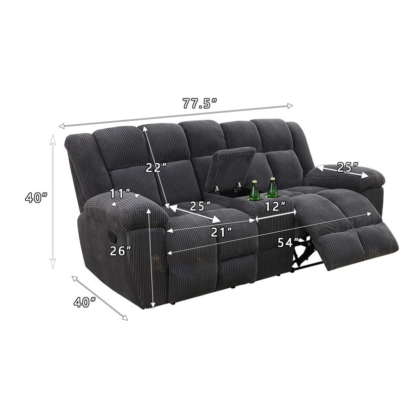 Dark Fray Breathable Corduroy Recliner Loveseat Sofa, Dark Gray