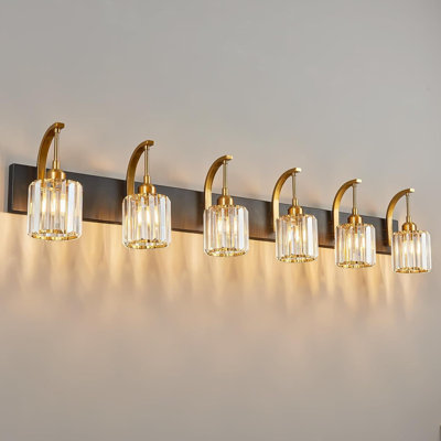 Éclairage pour meuble-lavabo en cristal 6 lumières avec abat-jour en cristal K9, applique murale moderne en or noir pour miroir de salle de bain, espace de maquillage et couloir, luminaire élégant de 51,18 pouces avec installation facile