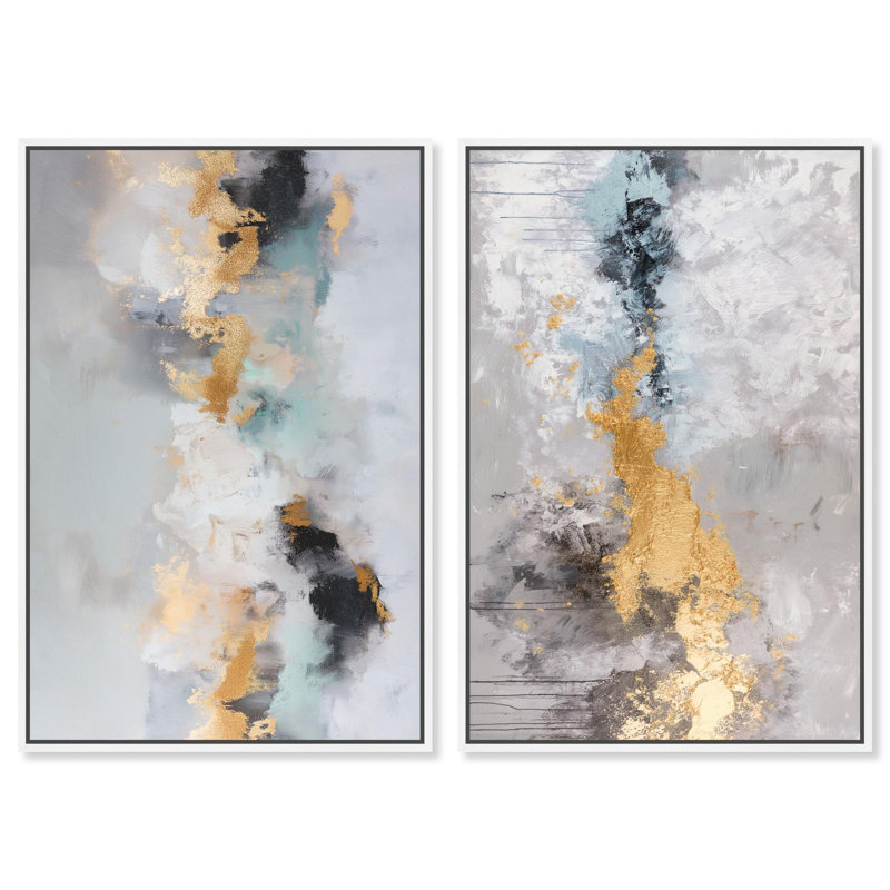 Ensemble de 2 reproductions d'art sur toile Gilded Luxe Duo , Impression dans un cadre flottant sans passe-parto, Blanc