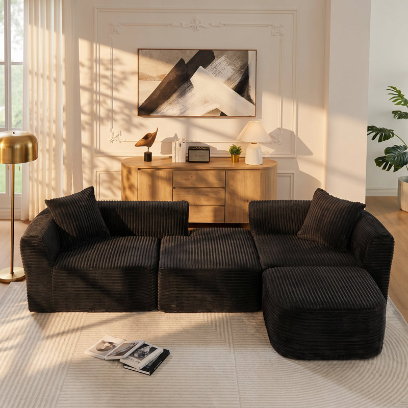 Aijia 114" W x 60" D x 27" H Corduroy Modular Sectional Sofa, Black Corduroy, Reversible, Does Not Apply, Foam, Polyester