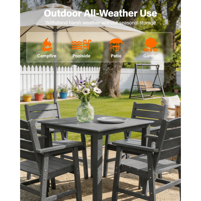 Patio Dining Set for 4 Person All Weather 5 Piece HIPS Outdoor Patio Table and Chairs Set with Aluminum Frame Plastic Outside Furniture for Backyard, Garden, Deck, Poolside, Gray