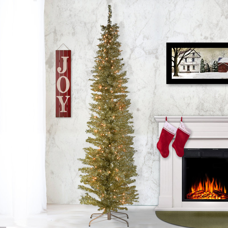 Champagne Tinsel Tree with Clear Lights, 7 ft