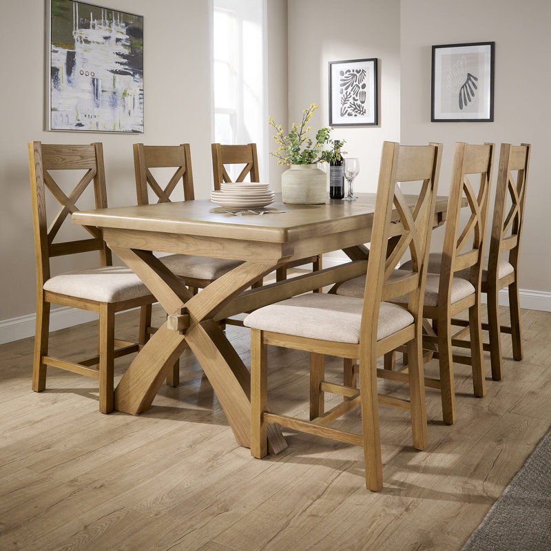 Ciro 2m Extending Dining Table & Solid Oak Set 6  Cross Back Chairs, Beige, 78cm H x 180cm W x 100cm D