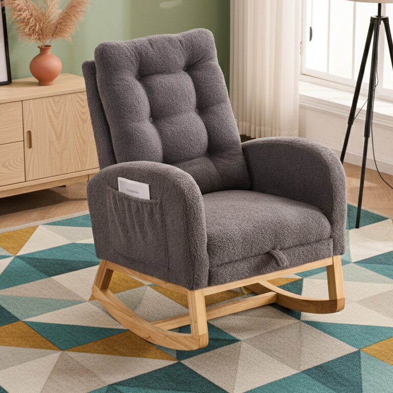  Chaise berçante de chambre de bébé avec repose-pieds rabattable, chaise berçante en tissu à haut dossier en peluche avec poche latérale, chaise longue d'appoint en bois d'hévéa, gris foncé
