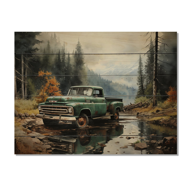 Camionnette Tranquil Lakeside I sur impression sur bois, H 10 po x l 20 po x P 0,78 po