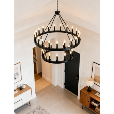 2-Tier Wagon Wheel Chandelier, 48 Inch Farmhouse Pendant Light With 36 Lights, Rustic Hanging Lighting Fixture For Dining Room, Kitchen Island, Entryway And Foyer