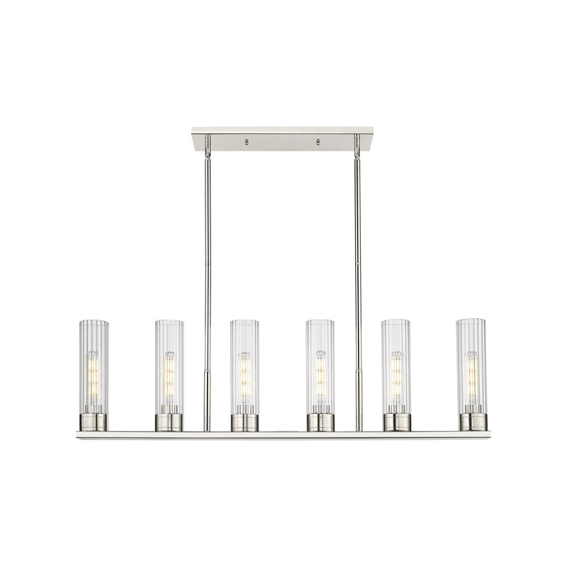 Luminaire suspendu linéaire à tige 6 lumières 11 po Empire, Transparent, H 13,38 po x l 44,25 po x P 3,13 po, Nickel poli