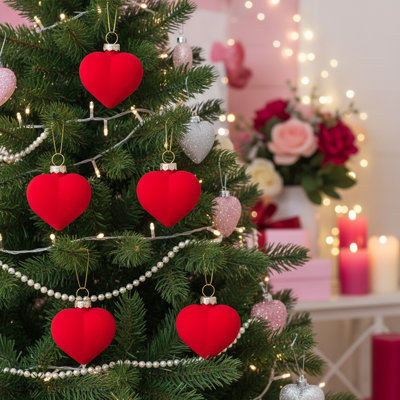 12 Pcs Valentine's Day Plush Love Ball Pendant 1.97" Red Pink Velvet Heart Hanging Ornaments For Valentine Tree Garland Window Home Romantic Decor