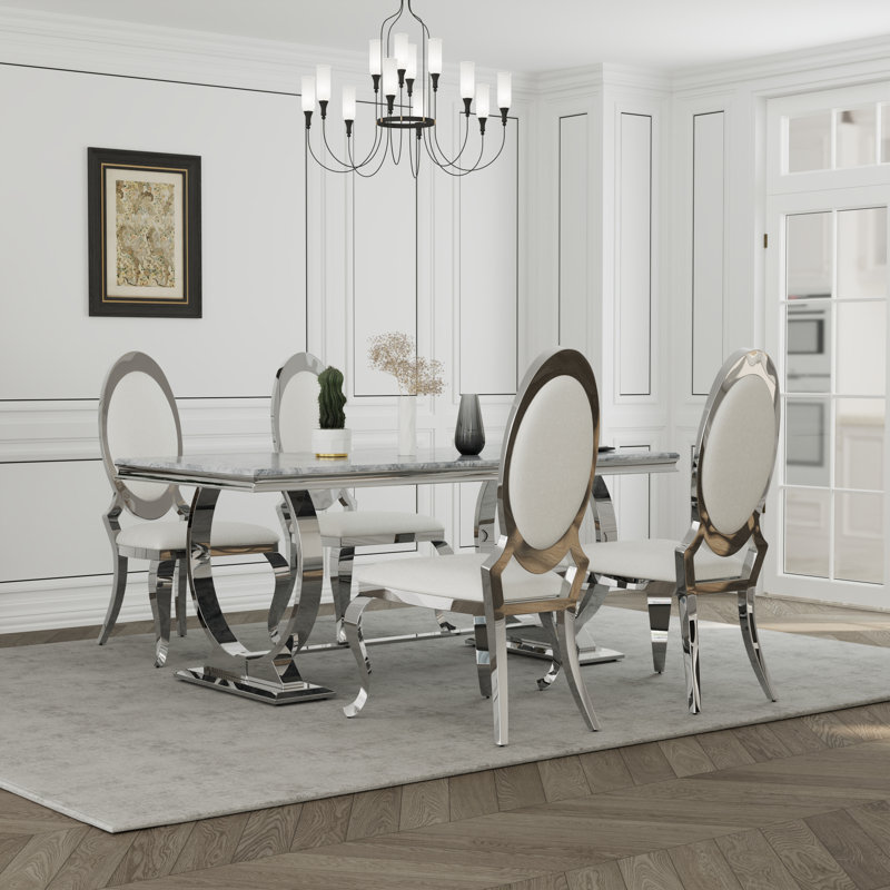 Ensemble de table de salle à manger de luxe 5 pièces avec 4 chaises en cuir, Argent, Argent, Argent
