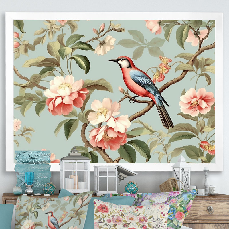 Chinoiserie, oiseaux et pivoines III sur toile, Cadre simple blanc, H 30 po x l 40 po x P 1,5 po