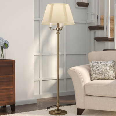 Lampe sur pied à 6 intensités - 150 cm (59 po) de hauteur - Métal bronze antique - 150 W/60 W - Culot E26 + E12 - Abat-jour rigide en tissu blanc cassé - Style transitionnel