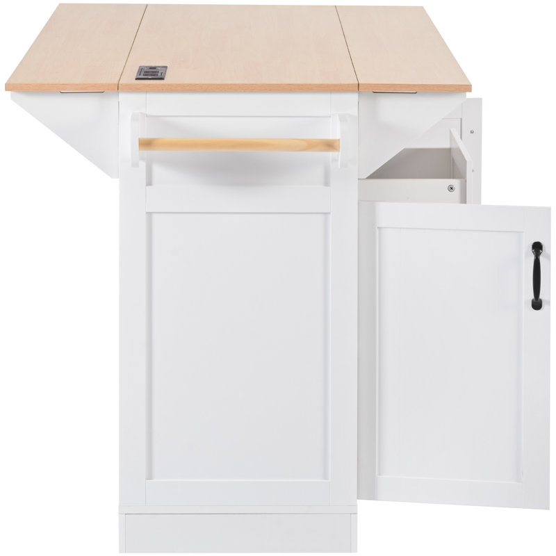 Grand îlot de cuisine pliant avec 2 abattants, prise de courant, table de salle à manger, 3 tiroirs, support à épices et à serviettes, support à 5 mouvements blanc,